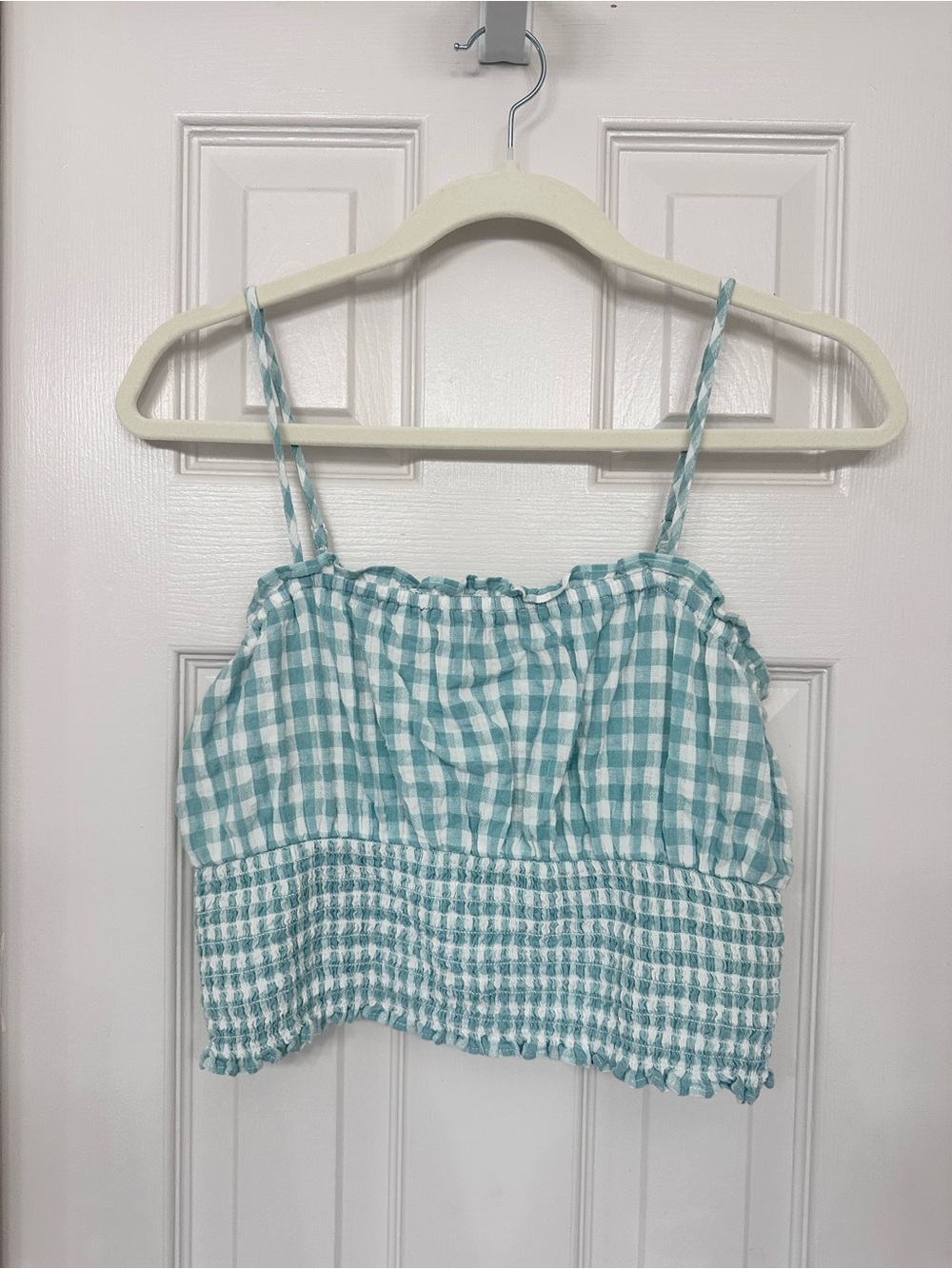 American Eagle Outfitters Teal Gingham Smocked Crop Top
